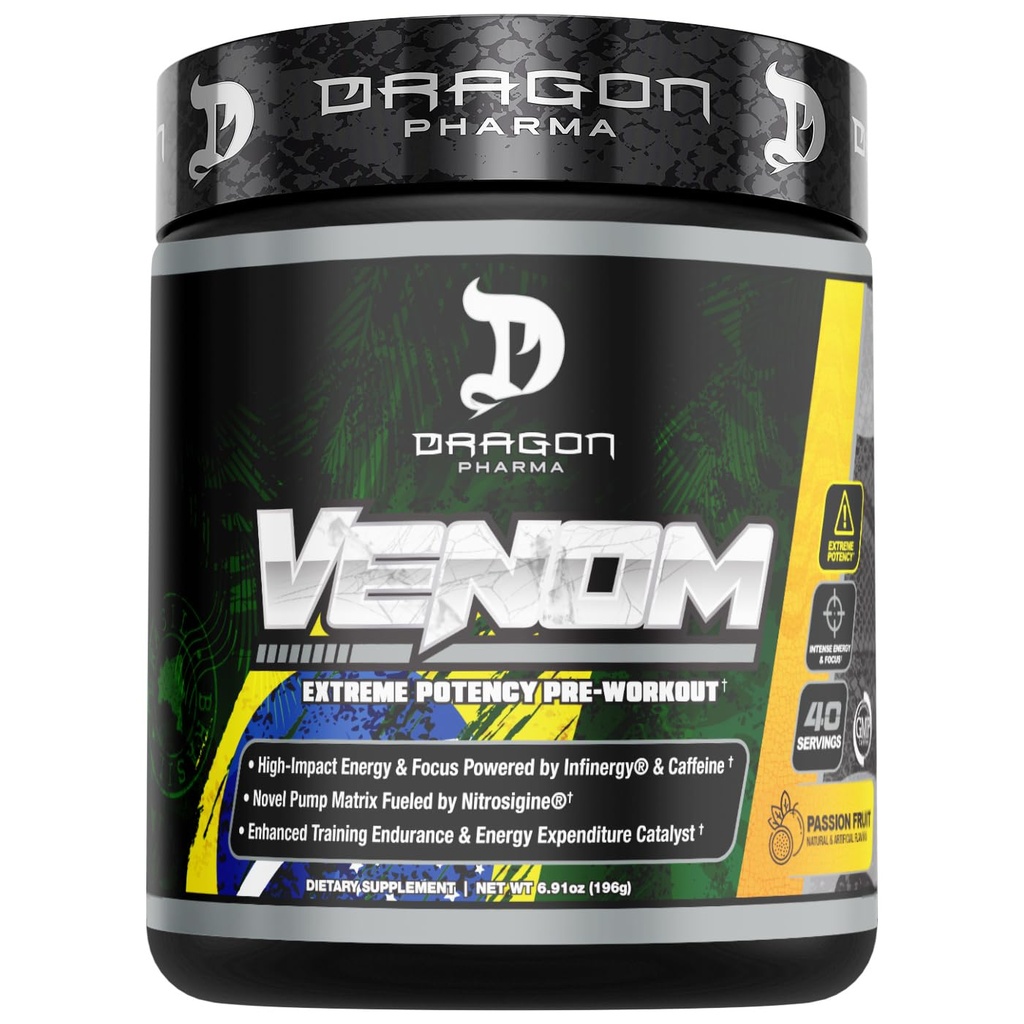DRAGON PHARMA Venom Extreme Potency Pre-Workout, לייזר Sharp Focus + אנרגיה, Intense Performance, Ingredients for Enhanced Veodilation & Endurance (פרי תשוקה)