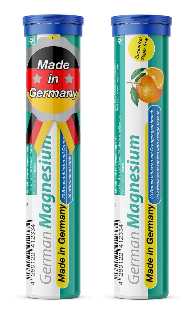 גרמנית Magnesium Oxide תוסף | Effervescent Tablets | Orange Flavor - 200 מ"ג מגנזיום למשרת | סוכר חינם, טבעוני - T&D Pharma - Made in Germany