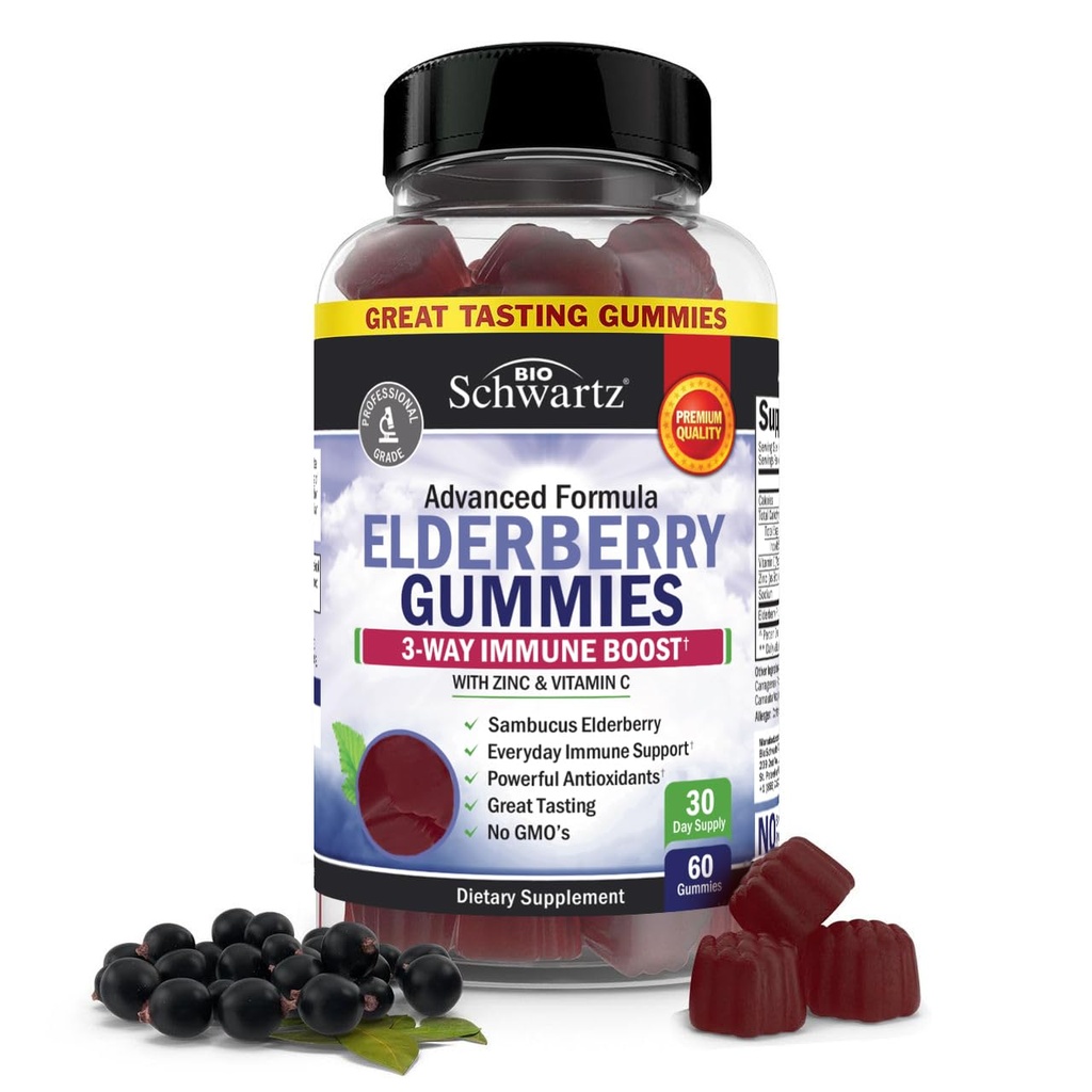 BioSchwartz Elderberry Gummies עם Zinc ו ויטמין C - תמיכה טבעית Immune למבוגרים וילדים - Black Sambucus Elderberries - צד שלישי נבדק, non-GMO, טבעוני Multimineral תוסף, 60 הרוזן הרוזן