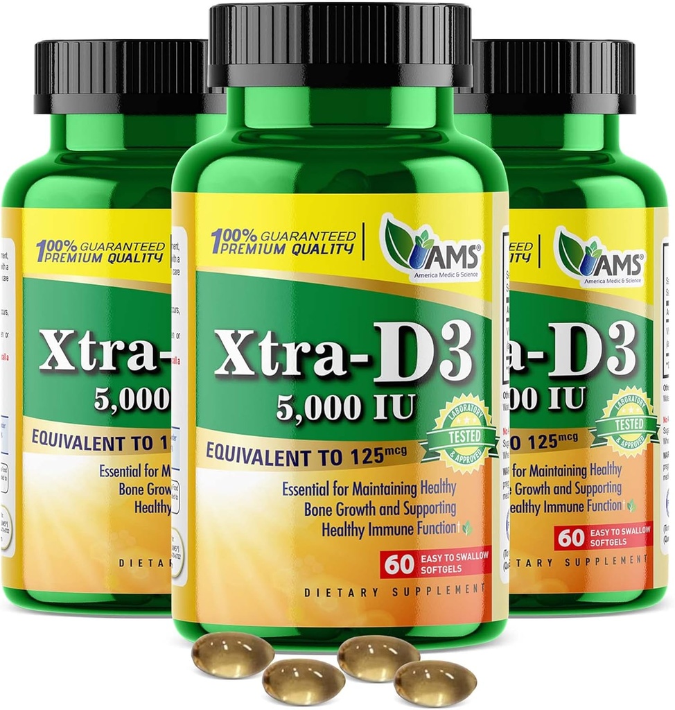 אמריקה Medic & Science Xtra D3 ויטמין D5,000 IU (125 mcg) Cholecalciferol תוסף עבור גברים ונשים (180Easy to Swallow Softgels) 3pack: Best for Bone,Heart Health, Immune System Support, Lung Function Function