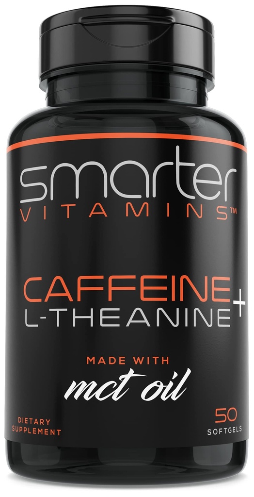 SmarterVitamins 200mg Caffeine Pills - MCT שמן מ 100% קוקוס + 100 מ"ג L-theanine, אנרגיה ו Focus, קפסולת שחרור מורחבת, 50 נוזל Softgels