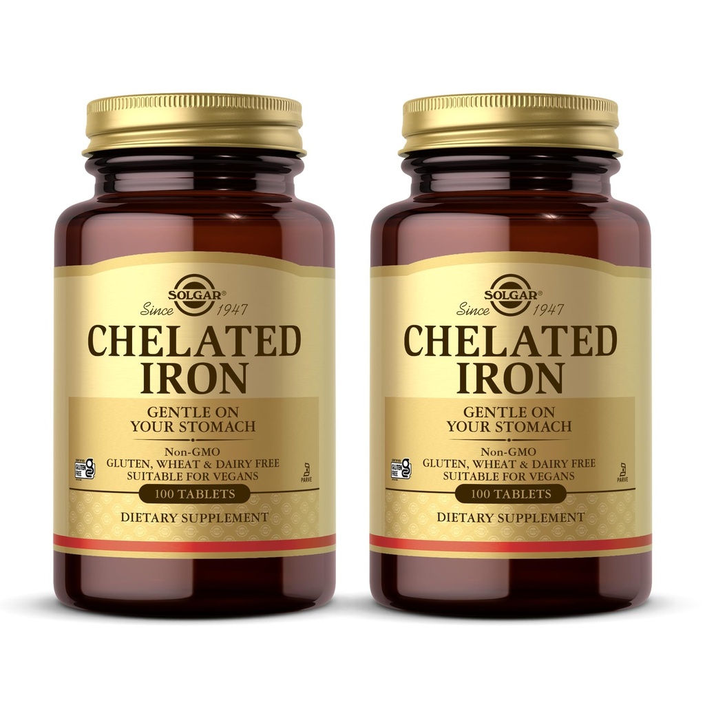 Solgar Chelated Iron - 100 Tablet, Pack of 2 - Gentle on Your Stomach - Non-GMO, טבעוני, Gluten Free, Milk Free, כשר - 200 שרתים מלאים