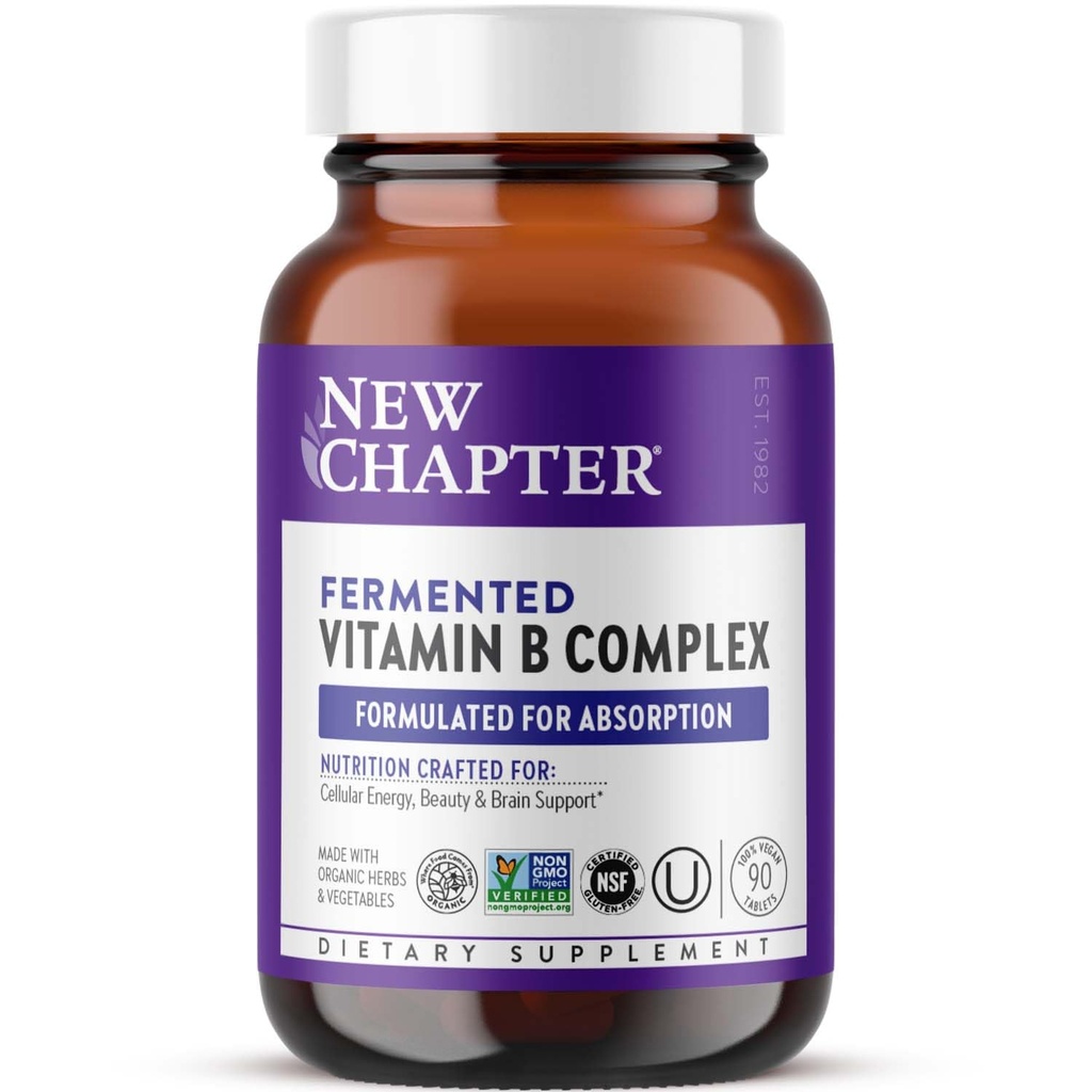 New Chapter ויטמין B Complex, Fermented ויטמין B Complex, USDA אורגני, One Daily for Cell for Energy + Brain + Beauty, 100% טבעוני, Gluten-Free - 90 Count