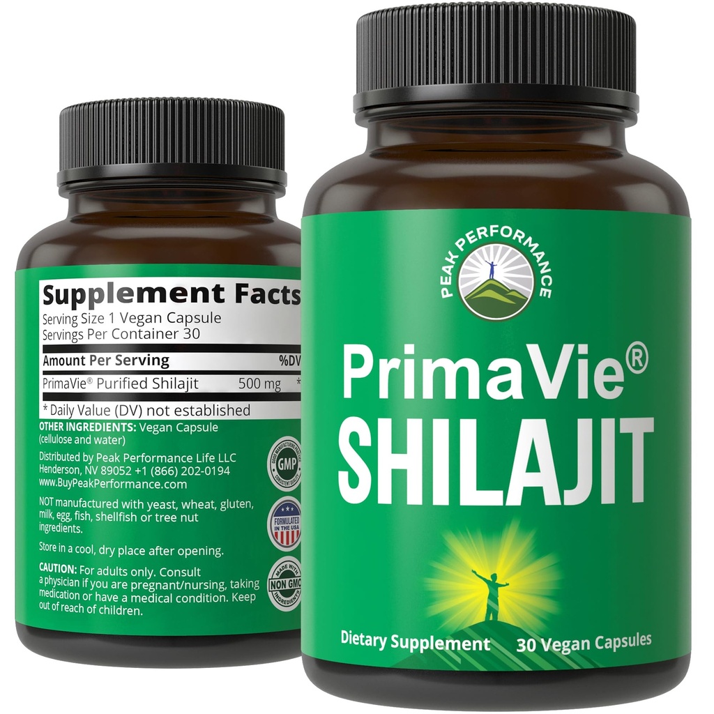 PrimaVie Purified Shilajit קפסולות נוצר עם אבקת שילאג'יט טהורה. בדיקה קלינית של תוסף טבעי עם 40+ Trace מינרלים, Fulvic Acid. טבליות תמיכה Mitochondria + תפקוד המוח