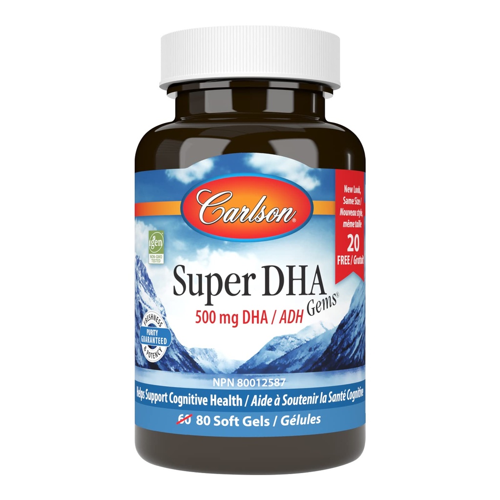 קרלסון - Super DHA Gems, 500 מ"ג DHA תוספי מזון, 640 מ"ג Fatty Acids, Wild-Caught Norwegian Fish Oil Concentrate, Sustainably Sourced Fish כמוסות, 60+20 Softgels