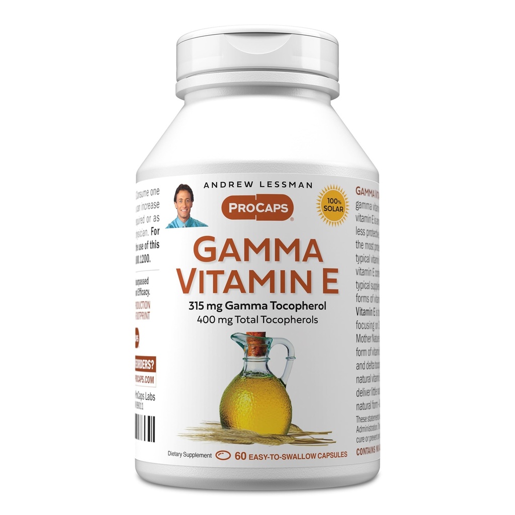 ANDREW LESSMAN Gamma ויטמין E 60 Softgels - 315 מ"ג Gamma Tocopherol, ויטמין E. Four Forms of Natural Tocopherols with Ahiflower Oil. Powerful Anti-oxidant. אין טפסים סינתטיים