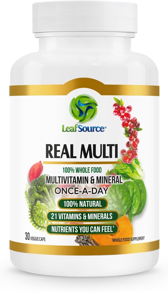 LEAFSOURCE REAL Multi, Multivitamin Whole מזון תוסף - 21 ויטמינים ומינרלים עשויים מזון אמיתי. טבעוני, חומרים מזינים המבוססים על צמחים עשויים מפירות אמיתיות ומזונות שלמים (30 vcap)