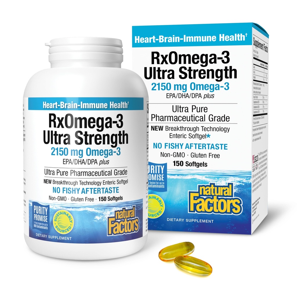 גורמים טבעיים RxOmega 3 Ultra כוח - תוספת תזונתית לתמיכה בבריאות המוח והלב - תוספי בריאות העין עם EPA & DHA - תוספת עם אומגה 3 חומצות שומן - 150 Softgels (75 משרתים)