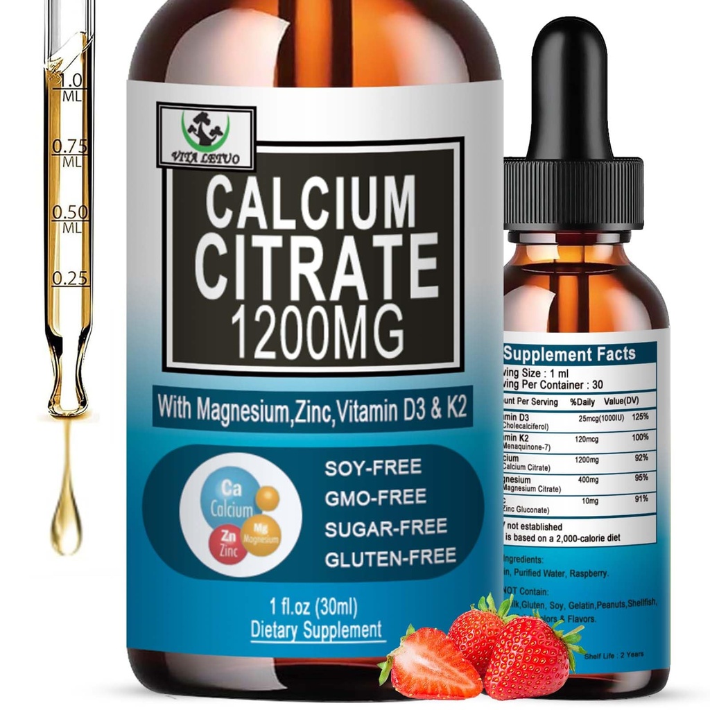 תוסף Calcium Citrate,1200 מ"ג Calcium עם ויטמין D3 טיפות עבור Bone,Teeth,Colon, Cardiovascular Health, High Absorption נוזל Calcium Magnesium Citrate 400 מ"ג פלוס Zinc ויטמין K2,Vegan, 30 משרתים