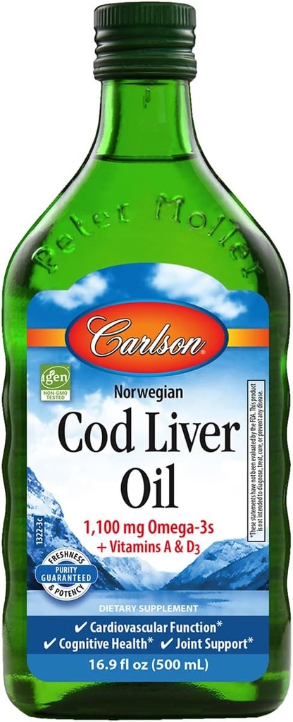 קרלסון - Cod Liver Oil, 1100 מ"ג אומגה 3s + A & D3, Wild-Caught Norwegian Arctic Cod-Liver Oil, Sustainably Sourced Nordic Fish Oil, Unflaved, 500 mL (16.9 Fl Oz)