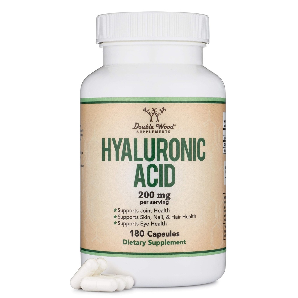תוספי Hyaluronic Acid -180 קפסולות (אפקטים של Hyaluronic Acid Serum for Face) 200 מ"ג פרי עבור Skin ו- Face Aging Support (Acido Hialuronico) Gluten חינם על ידי Double Wood