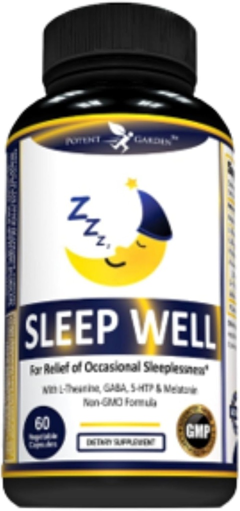 Garent Garden Sleep Well Sleep Aid מכיל מלטונין ולריאן Root L-theanine GABA & More, Natural Sleep Aid non-Habit Forming Sleep Aids for Adults with 60 Veggie Caps