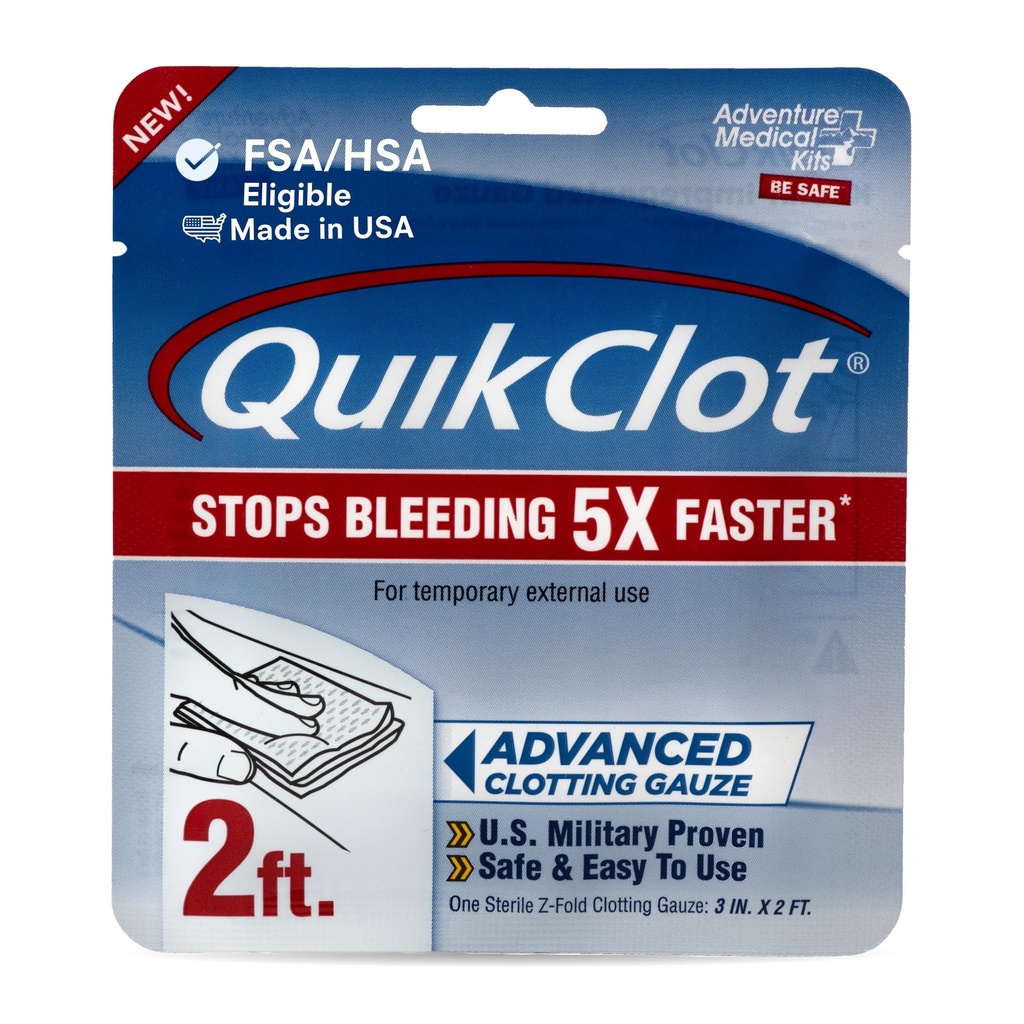 הרפתקאות רפואיות Kits QuikClot Gauze - גמיש hemostatic רפואי Gauze עבור הישרדות חירום או אסון מוכן Kits & More - מפסיק דימום מהיר עם Kaolin - 3" x 24 "
