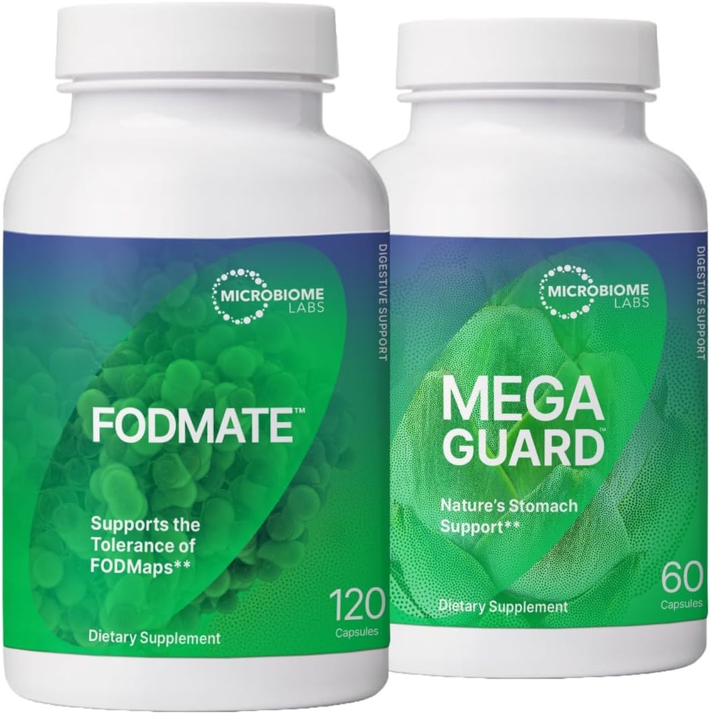 Microbiome Labs Digest Support Bundle - FODMATE Digestive Enzymes & MegaGuardive Aid with ג'ינג'ר ו- DGL (2 מוצרים)