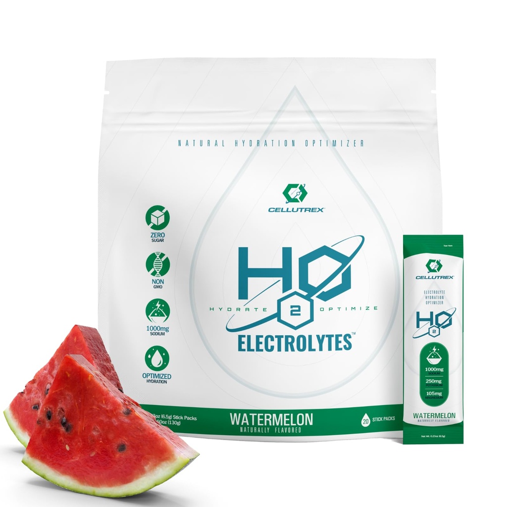 Cellutrex® H2O אלקטרוליטים - אבקת אלקטרוליטית שותה Mix, Zero Sugar, Natural Salt hydrotion Packets for Recovery and Wellness, Watermelon, 20 Sticks