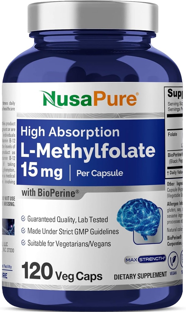 NusaPure L Methylfolate 15 מ"ג, 120 קפסולות Veggie, Bioperine