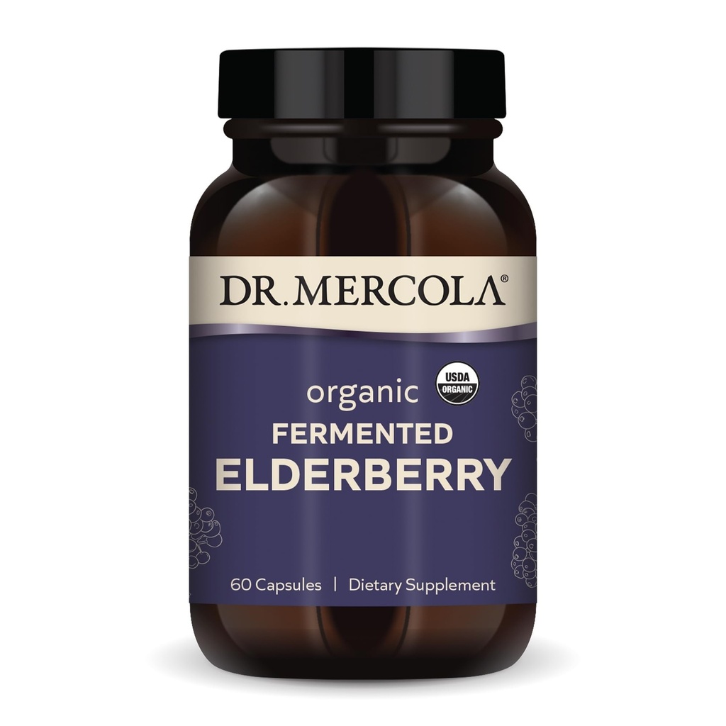 Dr. Mercola Organic Fermented Elderberry, 30 שרתים (60 קפסולות), תוספי תזונה, תומך בריאות הנשימה, non-GMO, USDA אורגני