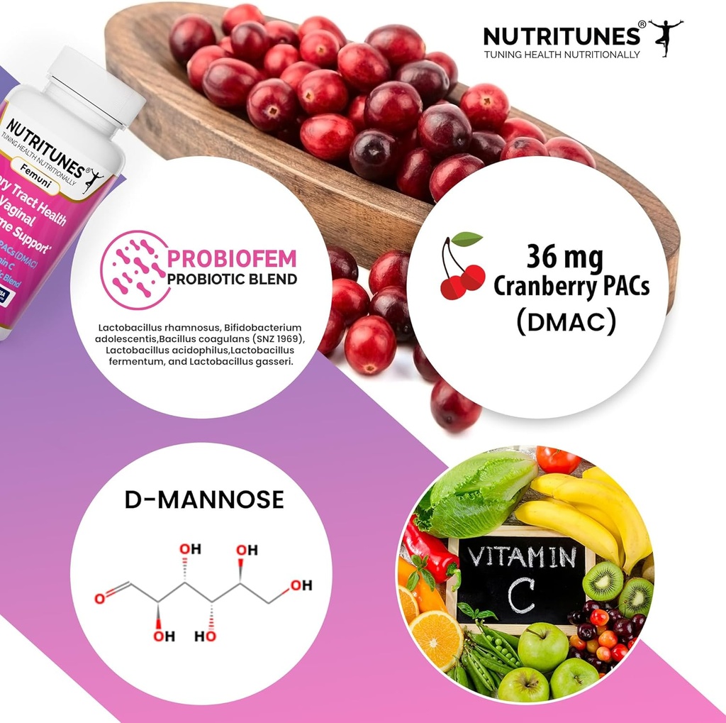 Cranberry PACs עם D Mannose תוספי עבור נשים, ויטמין C ונשים Vaginal פרוביוטיקה כולל Lactobacillus ו Bifido חיידק זנים עבור Urinary Tract בריאות - 60 Femuni UTH קפסולות