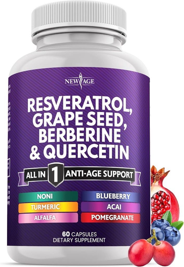 AGE חדש Resveratrol, Berberine, Grape Seed Extract, Quercetin - תוספת פוליפנול לנשים וגברים עם Noni Extract, N-Acetyl Cysteine, Acai Extract - 60 קפסולות