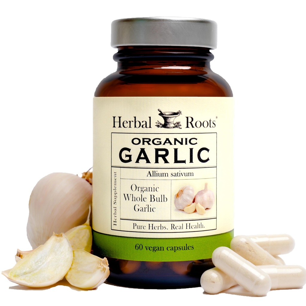 Herbal Roots Organic Whole Bulb Garlic Pills - Powerent אקסטרה כוח | 600 מ"ג - 60 קפסולות טבעוניות אורגניות