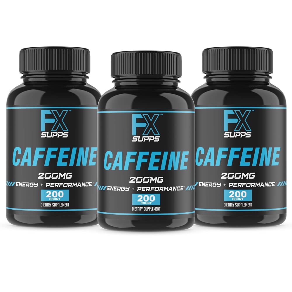 FXSUPPS Caffeine 200 מ"ג גלולות (3-Pack, 600 קפסולות) - תוסף תמיכה באנרגיה מהירה עבור גברים ונשים | תמיכה להתמקד, התראה ותפקוד מטאבולי באופן טבעי