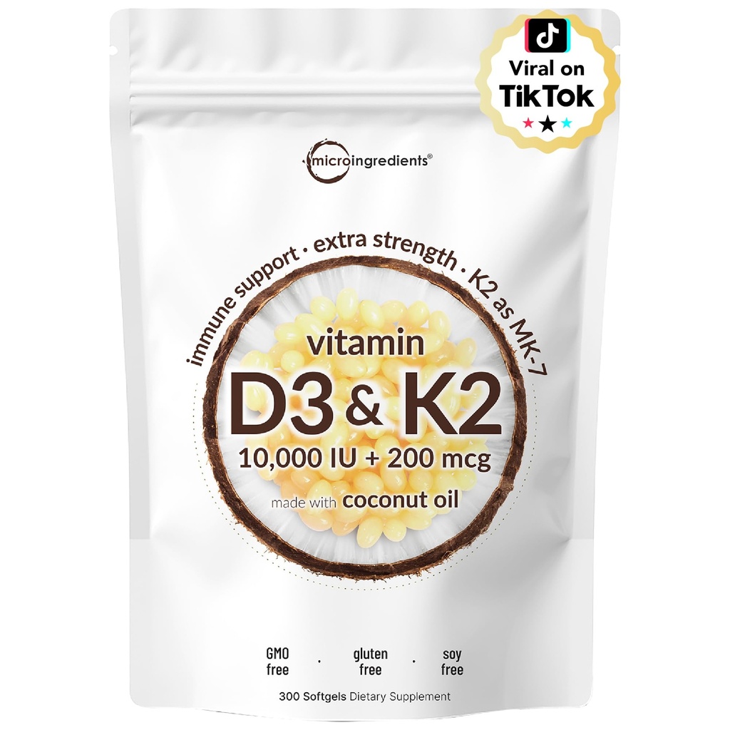 מיקרו Ingredients ויטמין D3 10,000 IU + K2 MK 7 200 mcg, 300 Softgels עם שמן קוקוס הבתולה | 2in-1 ויטמין D & K Complex | תוספת כוח, קל ל Swallow, Non-GMO, Gluten Freeten Freeten Freeten Freeten