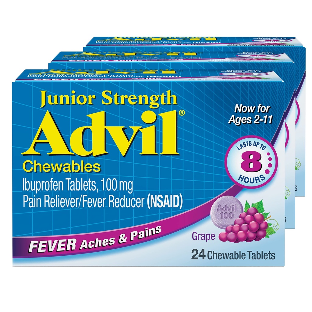 Advil Junior Power Chewable Ibuprofen Pain Reliever ו- Feverductionr, Ibuprofen for Pain Relief, Grape - 24 Tablets (Pack of 3)