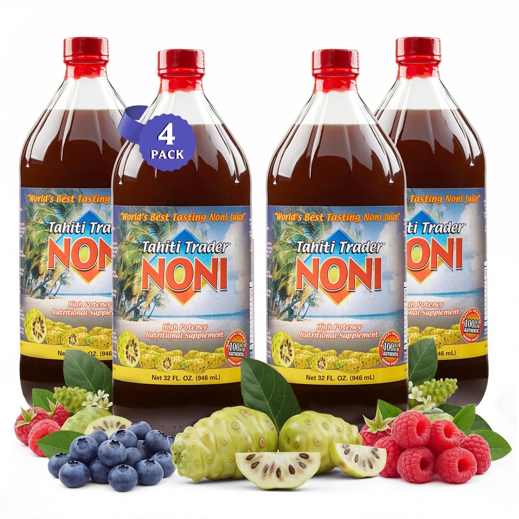 TAHITI TRADER (4-PK) High Potency Noni Juice - Pure Noni פירות Juice with Blueberry & Raspberry - אורגני Antioxidant Superfood Supporting Energy & Body Health - (32oz, 4 Pack)