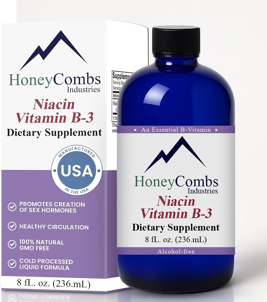 HoneyCombs ויטמין B3 Niacin נוזל טיפות - ויטמין B3 טיפות נוזלי לגברים ונשים - לשמור על מערכת העיכול, עור, שפה, אנרגיה ועוד - טבעוני Niacin Drop (8 Fl oz)