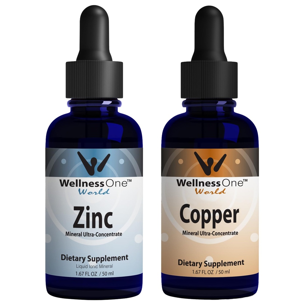 AllOne Ionic Liquid Zinc & Liquid Copper Bundle כדי לתמוך במערכת החיסון & Joint, Nerve & Bone Health - 1.67 flz Zinc & Copper נוזל טיפות טיפות טיפות נופל