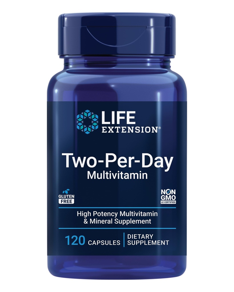 Life Extension Two-Per-Day Multivitamin, ויטמין B, C, D, אבץ, ארוז עם מעל 25 ויטמינים, מינרלים ומוצרים, 2-Month Supply, non-GMO, Gluten-Free, 120 קפסולות