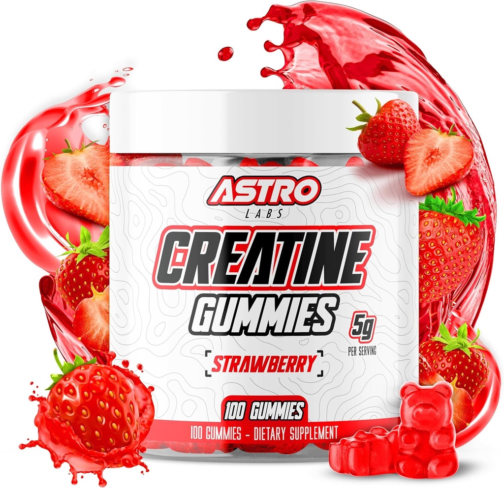 Creatine חניכיים לגברים ונשים - 5g לכל משרת, להגדיל את העוצמה, שריר להשיג, התאוששות, אנדורנס - טבעוני, Gluten-Free, Low Sugar Creatine Monohydrate Gummies - Strawberry (100 הרוזן)