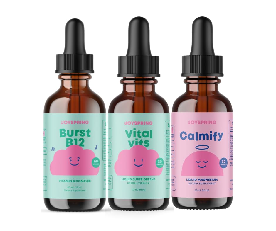 JoySpring B-Complex & Vital Vits with Magnesium Drops Bundle; באופן טבעי מקורם ילדים ויטמינים ומינרלים | Non-Alco Catholic, Sugar-Free Formula