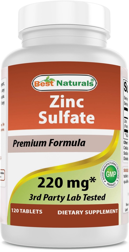 Best Naturals Zinc Sulfate 220 מ"ג טבליות - 3rd Party Lab Tested - Made in the USA - Gluten Free & Non-GMO