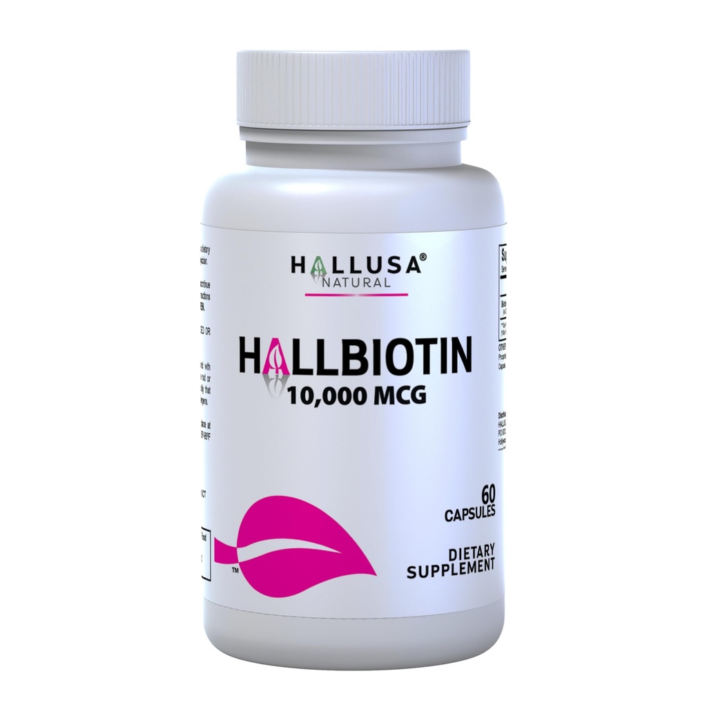Hallusa Natural biotin קפסולות 10,000 mcg שיער בריא, עור וציפורים - Pastillas para la caída del Cabello - Crecimiento del Cabello - Crecimiento de la Barba - Alopecia y calvicie - 60 קפסולות