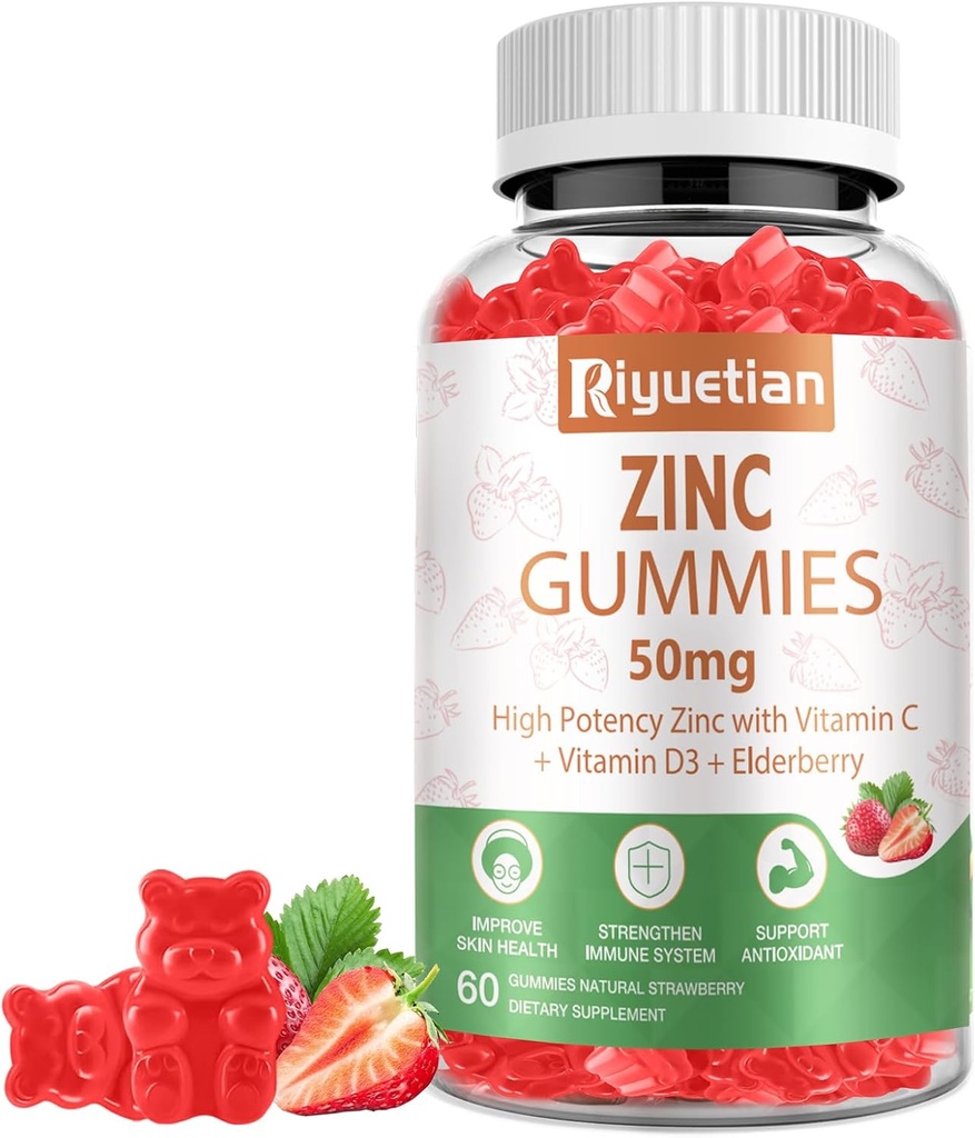 Zinc Gummies - 50mg High Potency Zinc עם ויטמין C + ויטמין D3 + Elderberry - Immune Health Support - טבעוני, non-GMO וגלוטן חינם - 60 מסטיק