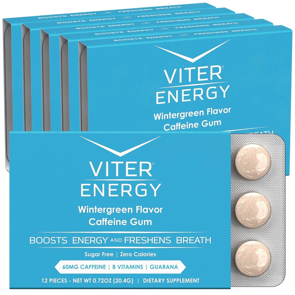 Viter Energy Caffeinated Gum 60mg Caffeine, B ויטמינים, Guarana, סוכר חינם (Wintergreen, 12pcs, 6 Pack)