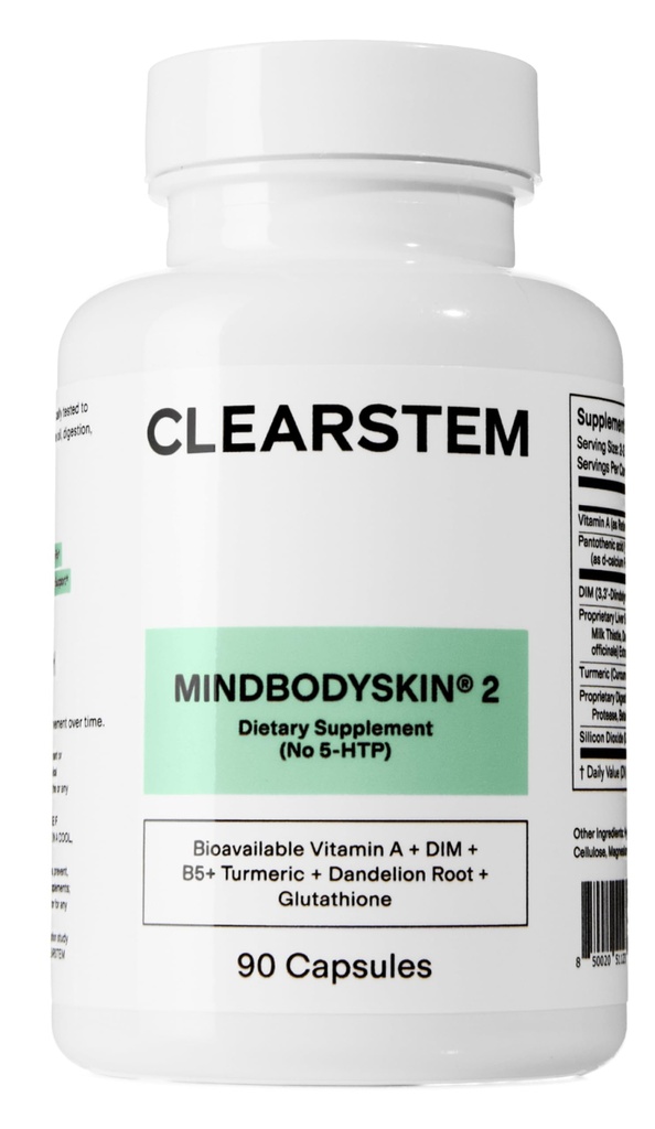CLEARSTEM - MINDBODYSKIN Hormonal Acne תוסף (No 5-HTP) - תוסף DIM טבעי - ויטמין Skin Cares - הורמון, אנטי-חמצן - Gluten Free, Cruelty Free - 30 משרתים, 90 קפסולות