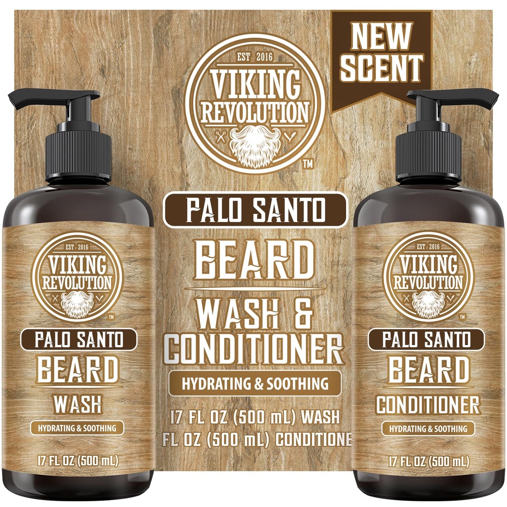 המהפכה הוויקינגית Palo Santo Beard Wash and Beard Conditioner Set with Argan and Jo Joba Oils - Softens and Powerens - Natural Palo סנט סנט - Beard Shampoo עם ג'ינסנג שורש לחלץ (17 oz)