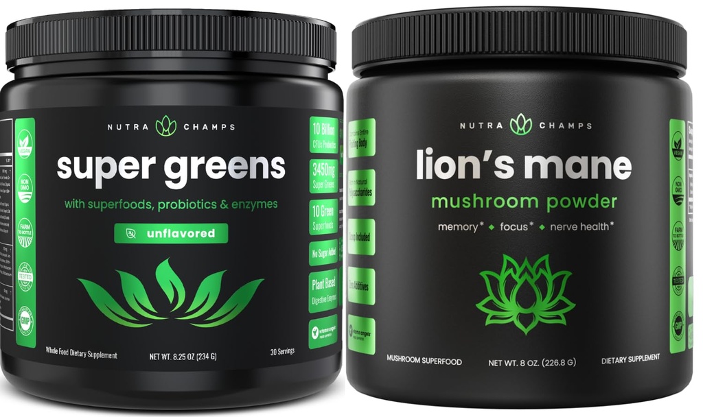 NutraChamps Super Green Unflavored & Lion's Mane אבקת. Greens & Fitogen Bundle