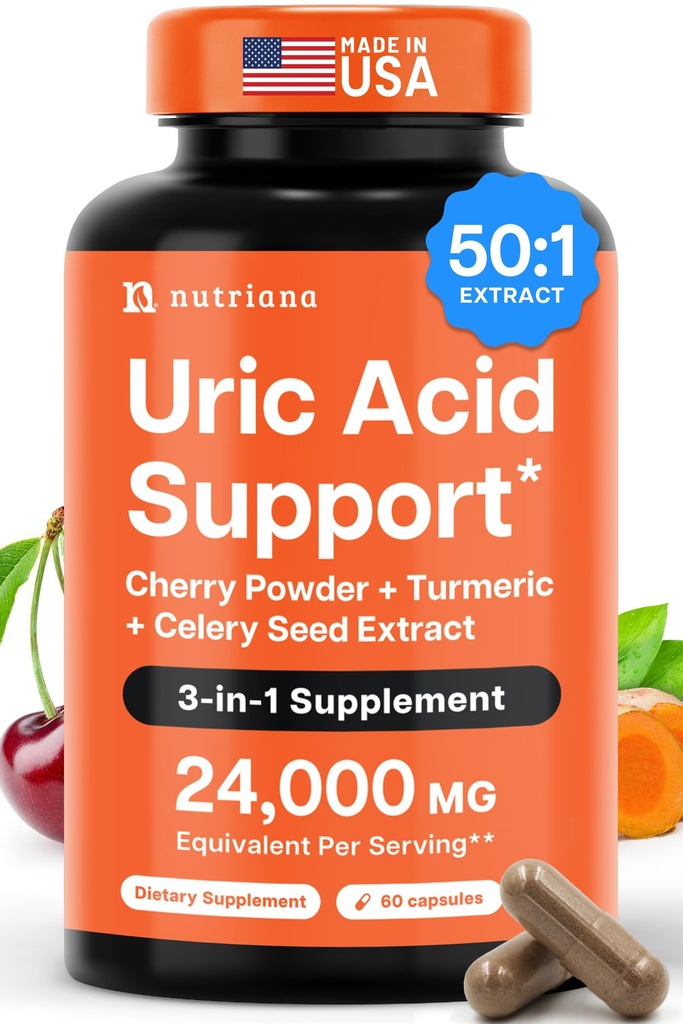 3 ב 1 Uric Acid Flush ניקוי - Tart Cherry Extract with Turmeric & Celery Seed תוסף פורge - רגליים ותמיכה משותפת - 60 קפסולות Veggie