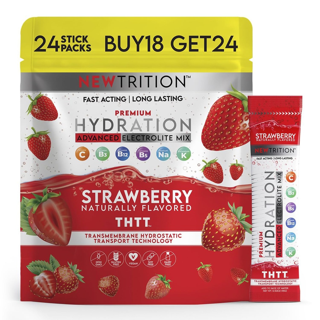 אבקת הידרציה, Strawberry Pack של 24 ערכות אבקה אלקטרוליטית, באופן טבעי פלברד Packets עבור מים, Fast Acting hydrote אלקטרוליטים עם ויטמין B & C, אנרגיה & התאוששות