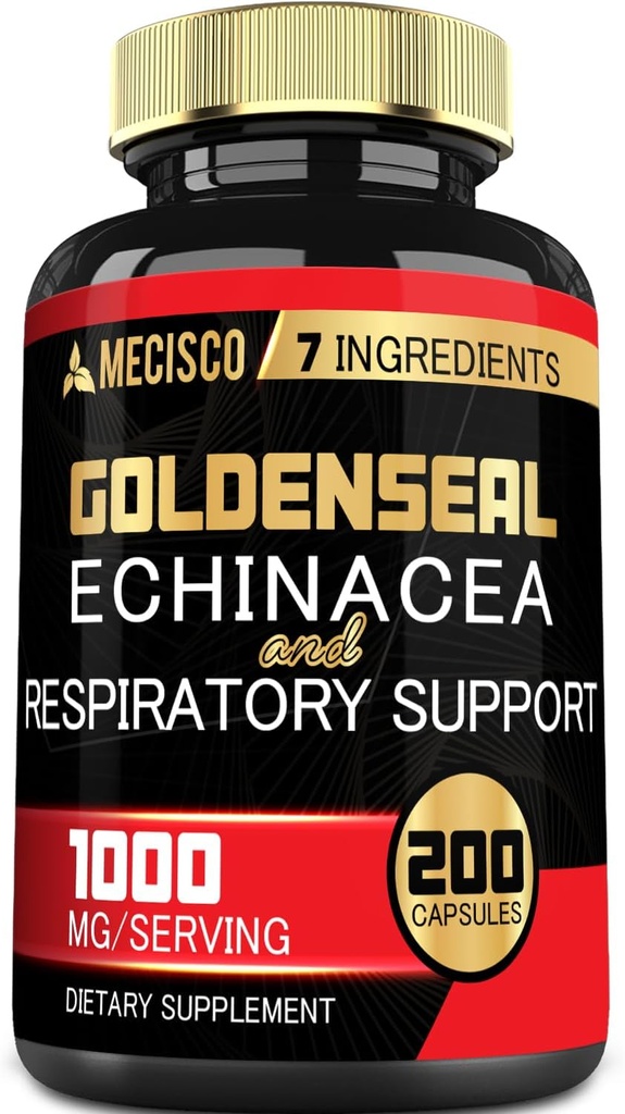 Goldenseal Root כמוסות אורגני עם Echinacea, מולליין Leaf, Plantain & More - 7 Premium Herbal Supports Immune System, Digestive Health, Smooth Breathing, and Body Management - 200 קפסולות