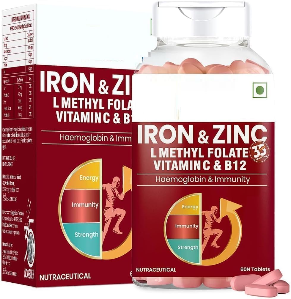 Iron & Zinc Tablets Enriched עם ויטמין C & B12 | Immunity & Haemoglobin Booster | מעלה את רמת HB + מקדם רמות ברזל בריאות | צמצום שומן, שיפור בריאות הנשימה ואנרגיה | 60 TB
