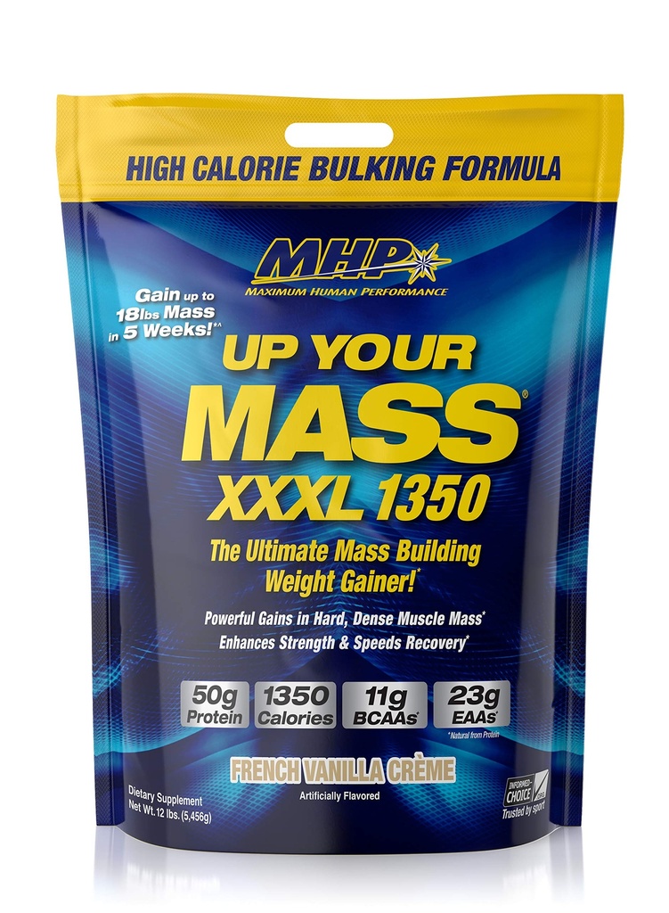 ביצועים אנושיים מקסימליים MHP UYMXXXL 1350 Mass Building Weight Gainer, מסת שריר מקבל, w / 50g חלבון, קלוריות גבוהות, 11g BCAAs, Leucine, French Vanilla Creme, 16 משרתים