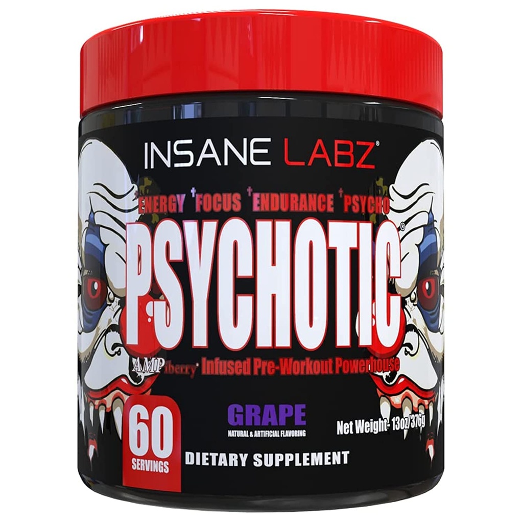 Insane Labz Psychotic, High Stimulant Pre Workout אבקה, אנרגיה מתקדמת, מיקוד וסוף עם Beta Alanine, Creatine Monohydrate, DMAE, 60 Srvgs, Grape.