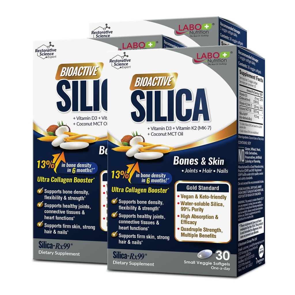 LABO Nutrition Bioactive Silica - עבור שיער, עור, ציפורניים, תצורת קולגן, כוח משותף ועצם - תמיכה בריאות העצם ו Collagen Booster - 99% Purity Rice-Derived Silica, 30 טבעוני Softgel