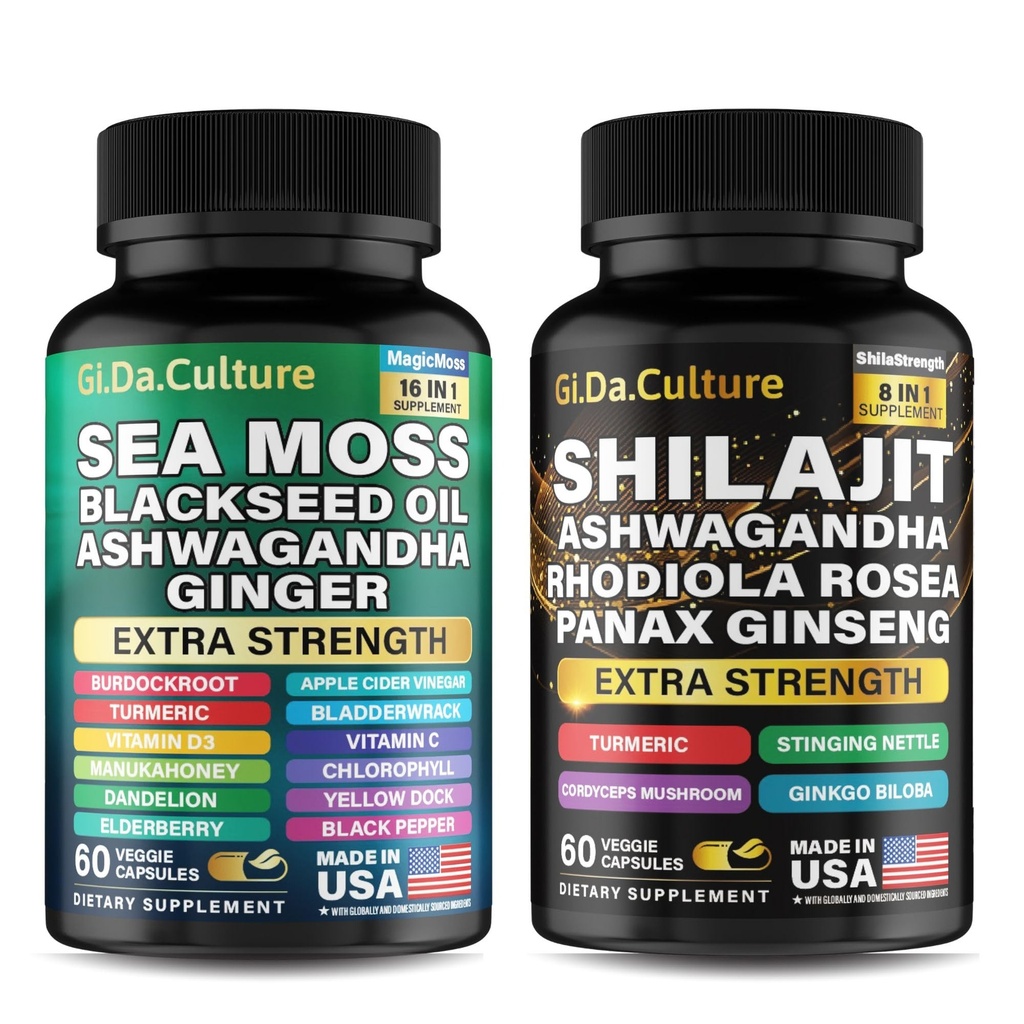 Shilajit ו Sea Mos Combo - Sea Mosss ו Shilajit Bundle עם Ashwagandha, Black Seed, Turmeric, Bladderwrack, Burdock, Black Pepper עם ויטמינים ואנטיoxidants - 120 קפסולות Veggie