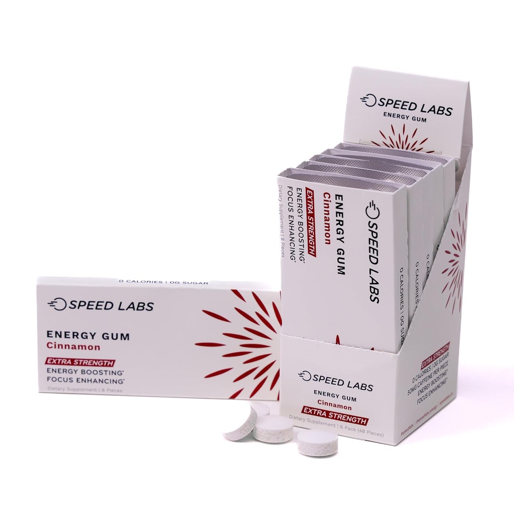 Speed Labs Cinnamon תוספת כוח Caffeine Chewing Gum 50 מ"ג קפאין, טאורין ו B ויטמין Per Piece, 48 Pieces (6 Packs of 8 Pieces) סוכר חינם, Zero Calorie, No Aspartame, Gluten Freeten Freeten Freeten