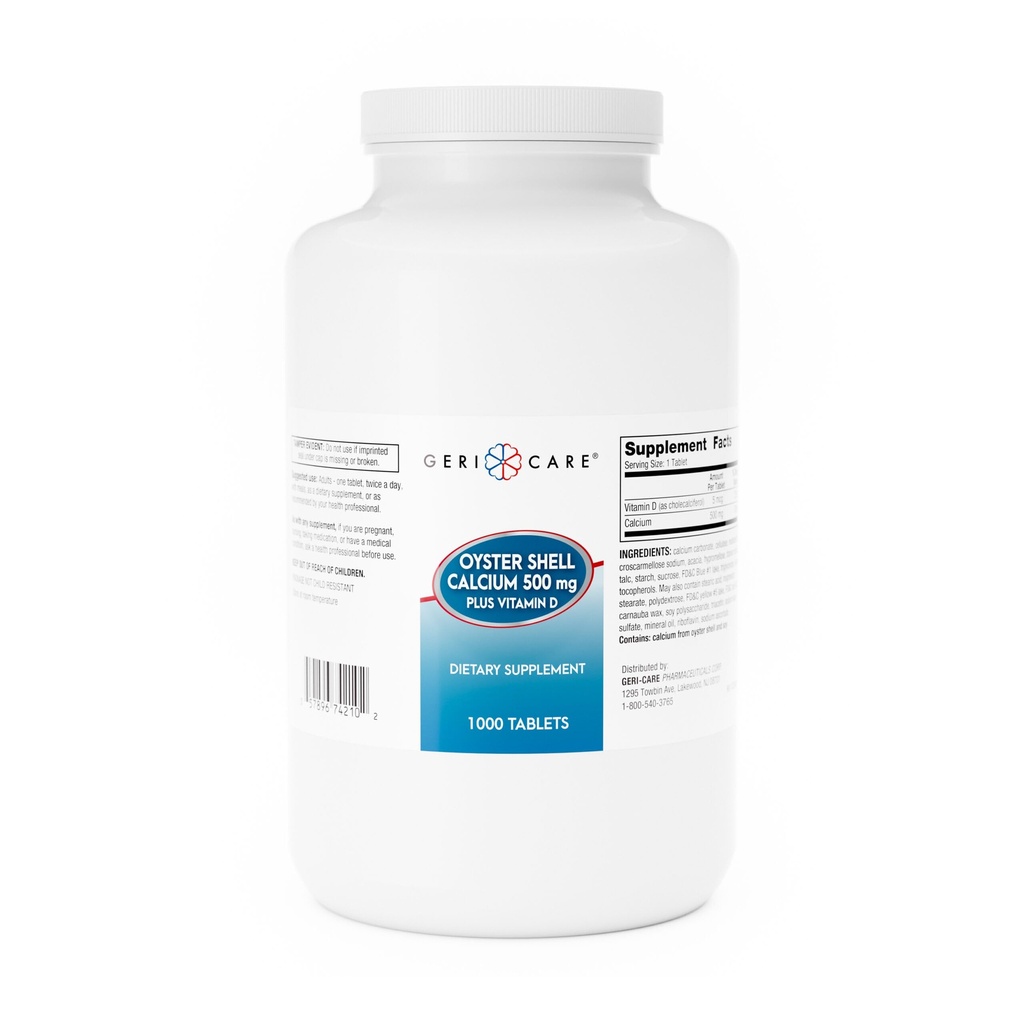 GeriCare Oyster Shell Calcium 500 מ"ג + ויטמין D, בריאות העצם, טבליות תוספי תזונה, 1000 Count (Pack של 1)